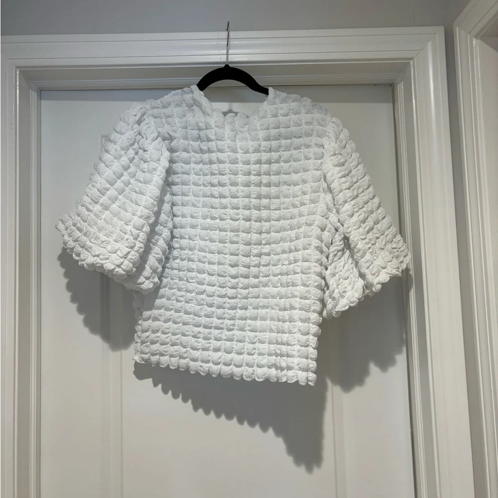 Anthropologie White Textured Bubble-Sleeve Top